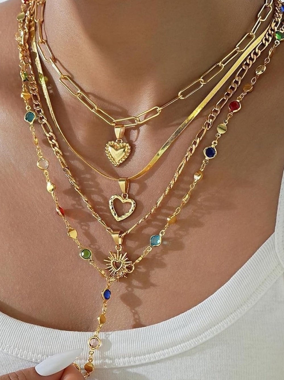 Anthropologie Gold Layered Heart Necklace Set with Multicolor Stones